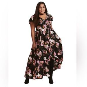 Torrid Floral Maxi Challis Dress Size 2 Black Pink Short Sleeve Elastic Waist